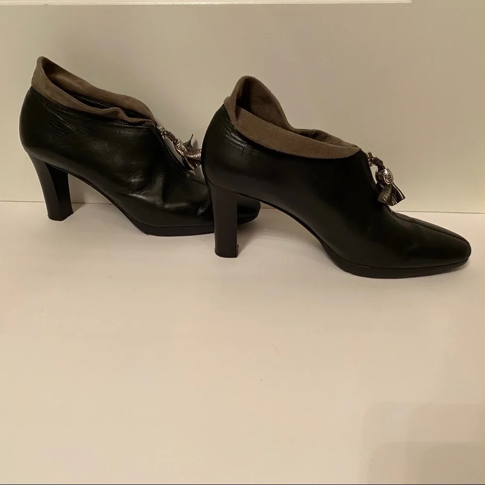 BRIGHTON SHOES HEELS ANKLE BOOTIES BLACK STACEY LEATHER GRAY SUEDE 8.5 M